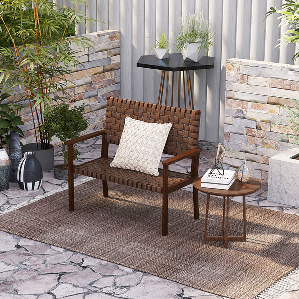 Wide sitting area supports 2 people comfortably<br>Hand-woven PU leather for aesthetic and durability<br>Premium rubber wood frame for overall steadiness<br>Ergonomic backrest and armrests for upgraded coziness<br>Reinforced crossbars and anti-slip foot p