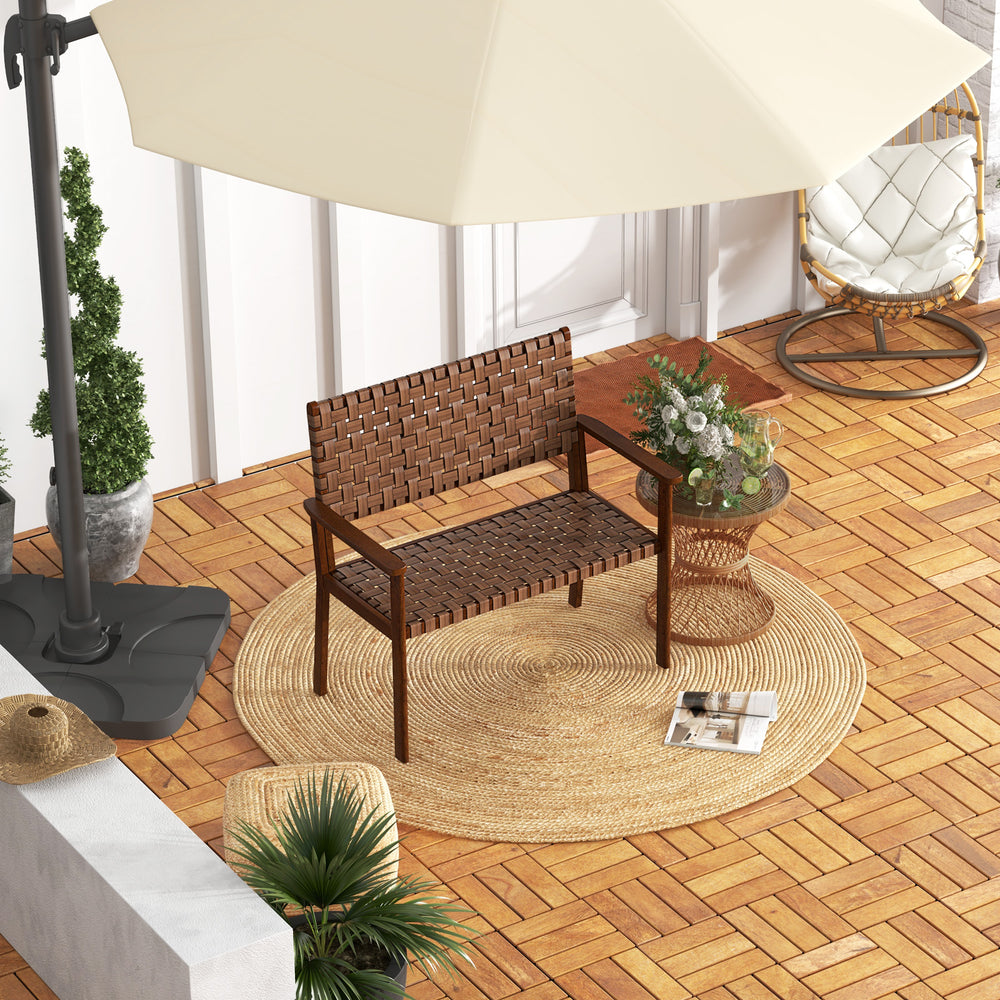 Wide sitting area supports 2 people comfortably<br>Hand-woven PU leather for aesthetic and durability<br>Premium rubber wood frame for overall steadiness<br>Ergonomic backrest and armrests for upgraded coziness<br>Reinforced crossbars and anti-slip foot p