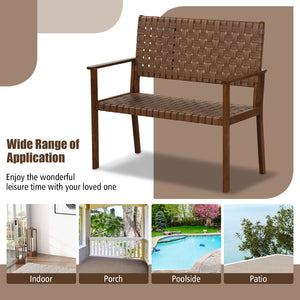 Wide sitting area supports 2 people comfortably<br>Hand-woven PU leather for aesthetic and durability<br>Premium rubber wood frame for overall steadiness<br>Ergonomic backrest and armrests for upgraded coziness<br>Reinforced crossbars and anti-slip foot p