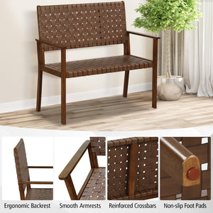 Wide sitting area supports 2 people comfortably<br>Hand-woven PU leather for aesthetic and durability<br>Premium rubber wood frame for overall steadiness<br>Ergonomic backrest and armrests for upgraded coziness<br>Reinforced crossbars and anti-slip foot p