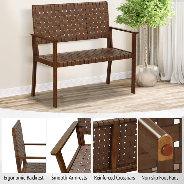 Wide sitting area supports 2 people comfortably<br>Hand-woven PU leather for aesthetic and durability<br>Premium rubber wood frame for overall steadiness<br>Ergonomic backrest and armrests for upgraded coziness<br>Reinforced crossbars and anti-slip foot p