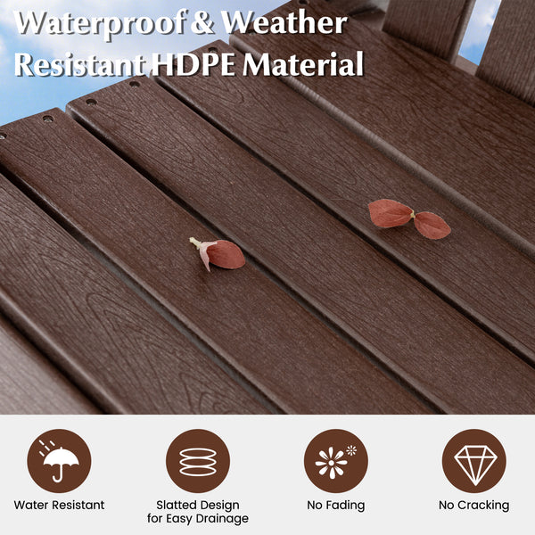 HDPE material for excellent abrasion and crack resistance<br>Elegant faux wood grain design provides natural charm<br>Wide seat and reclining backrest provides superior sitting experience <br>Armrests and footrests allows for full relaxation of elbows and