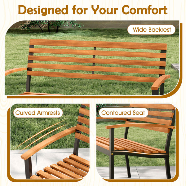 Made of high-quality acacia wood for long-term use<br>Spacious sitting area allows 2 people to enjoy together<br>Cozy to sit with the thoughtfully designed backrest  armrests and seat<br>Strong metal frame with firm screw connections for stability<br>Non-