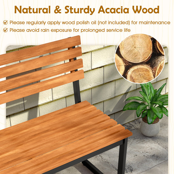 Made of high-quality acacia wood for long-term use<br>Spacious sitting area allows 2 people to enjoy together<br>Cozy to sit with the inclined backrest and spacious seat<br>Strong metal frame with reinforced triangles for steadfast use<br>Adjustable foot 