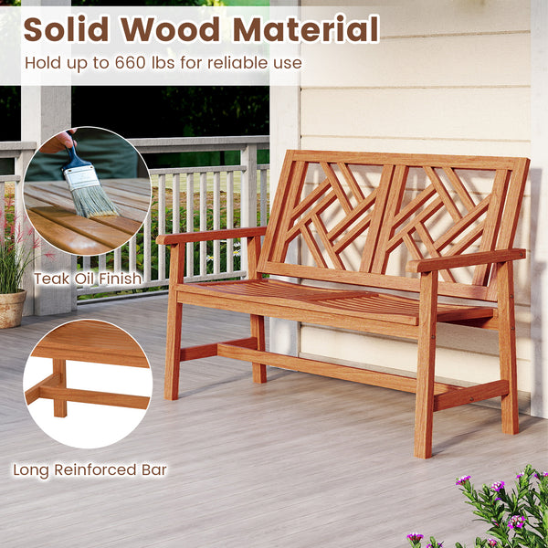 This garden bench uses premium hardwood for durability<br>Wide and slatted seat holds 2 people comfortably<br>Stable construction for up to 660 lbs strong weight capacity<br>Thoughtful backrest and armrests for ergonomic support<br>Reinforced crossbar con