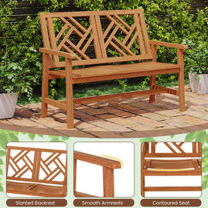 This garden bench uses premium hardwood for durability<br>Wide and slatted seat holds 2 people comfortably<br>Stable construction for up to 660 lbs strong weight capacity<br>Thoughtful backrest and armrests for ergonomic support<br>Reinforced crossbar con