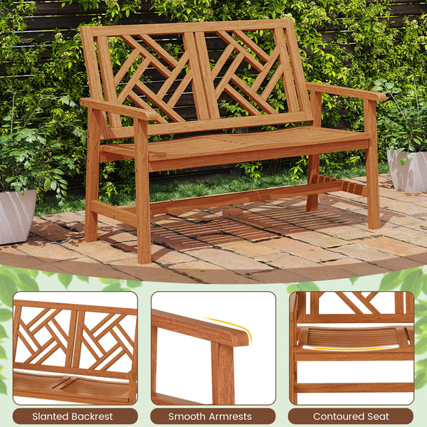 This garden bench uses premium hardwood for durability<br>Wide and slatted seat holds 2 people comfortably<br>Stable construction for up to 660 lbs strong weight capacity<br>Thoughtful backrest and armrests for ergonomic support<br>Reinforced crossbar con