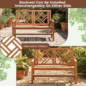 This garden bench uses premium hardwood for durability<br>Wide and slatted seat holds 2 people comfortably<br>Stable construction for up to 660 lbs strong weight capacity<br>Thoughtful backrest and armrests for ergonomic support<br>Reinforced crossbar con