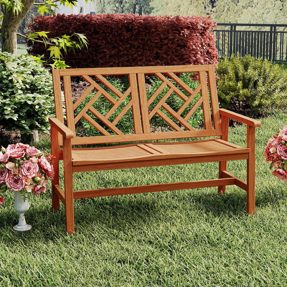 This garden bench uses premium hardwood for durability<br>Wide and slatted seat holds 2 people comfortably<br>Stable construction for up to 660 lbs strong weight capacity<br>Thoughtful backrest and armrests for ergonomic support<br>Reinforced crossbar con