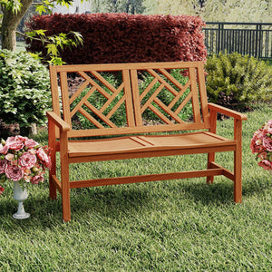 This garden bench uses premium hardwood for durability<br>Wide and slatted seat holds 2 people comfortably<br>Stable construction for up to 660 lbs strong weight capacity<br>Thoughtful backrest and armrests for ergonomic support<br>Reinforced crossbar con