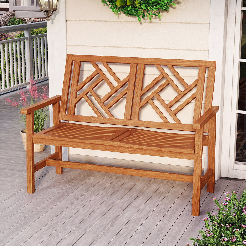 This garden bench uses premium hardwood for durability<br>Wide and slatted seat holds 2 people comfortably<br>Stable construction for up to 660 lbs strong weight capacity<br>Thoughtful backrest and armrests for ergonomic support<br>Reinforced crossbar con
