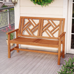 This garden bench uses premium hardwood for durability<br>Wide and slatted seat holds 2 people comfortably<br>Stable construction for up to 660 lbs strong weight capacity<br>Thoughtful backrest and armrests for ergonomic support<br>Reinforced crossbar con