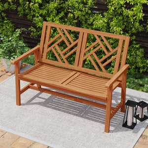 This garden bench uses premium hardwood for durability<br>Wide and slatted seat holds 2 people comfortably<br>Stable construction for up to 660 lbs strong weight capacity<br>Thoughtful backrest and armrests for ergonomic support<br>Reinforced crossbar con