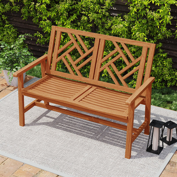 This garden bench uses premium hardwood for durability<br>Wide and slatted seat holds 2 people comfortably<br>Stable construction for up to 660 lbs strong weight capacity<br>Thoughtful backrest and armrests for ergonomic support<br>Reinforced crossbar con