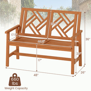 This garden bench uses premium hardwood for durability<br>Wide and slatted seat holds 2 people comfortably<br>Stable construction for up to 660 lbs strong weight capacity<br>Thoughtful backrest and armrests for ergonomic support<br>Reinforced crossbar con
