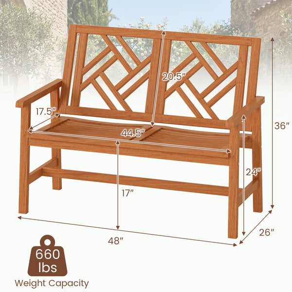This garden bench uses premium hardwood for durability<br>Wide and slatted seat holds 2 people comfortably<br>Stable construction for up to 660 lbs strong weight capacity<br>Thoughtful backrest and armrests for ergonomic support<br>Reinforced crossbar con