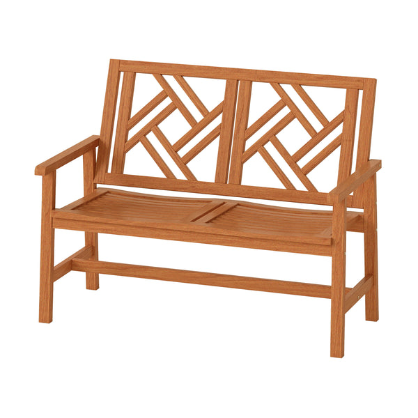 This garden bench uses premium hardwood for durability<br>Wide and slatted seat holds 2 people comfortably<br>Stable construction for up to 660 lbs strong weight capacity<br>Thoughtful backrest and armrests for ergonomic support<br>Reinforced crossbar con