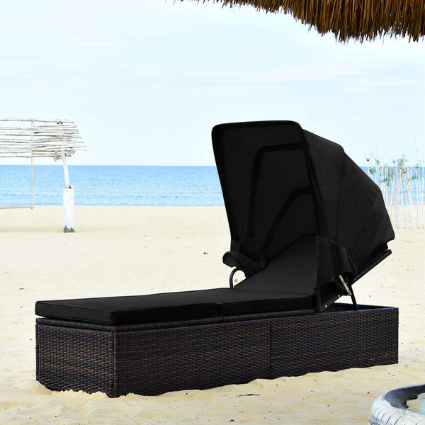 Ideal for indoor and outdoor use  suitable for beach  poolside  balcony and porch <br>PE rattan material  durable  environmentally friendly  weather resistant <br>Adjustable backrest and retractable canopy  meeting your different needs <br>Sponge padded s