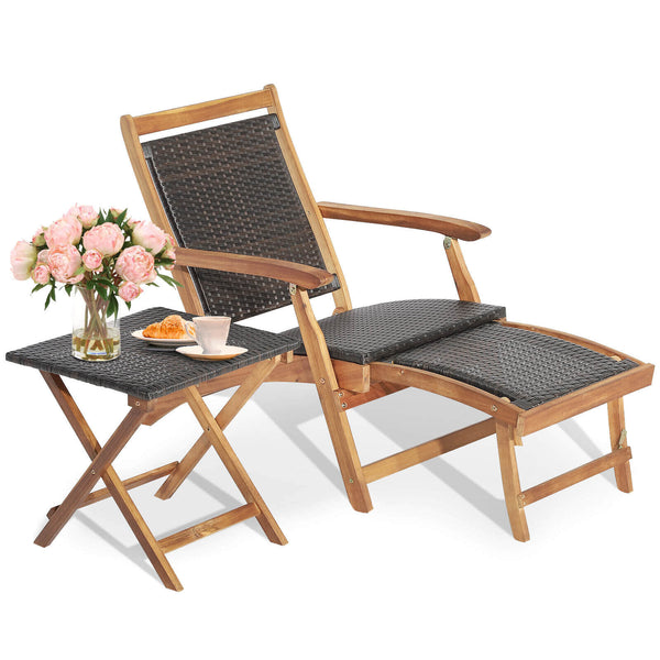 Retractable ottoman for ultimate comfort and maximum space utilization<br>Safety latch keeps the footrest in place when it retracts back <br>Foldable chair and table for space-saving design<br>Selected mix brown PE wicker for fade resistance and sun prote