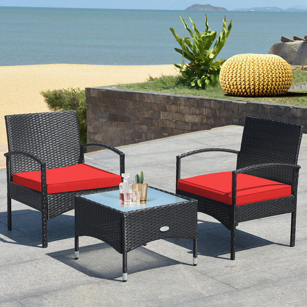 Durable and sturdy rattan and steel materials for long service time <br>Thick sponged cushion is soft and the cover is washable <br>Weatherproof materials ensure the furniture set is placed outside all year around <br>The coffee table has a tempered glass