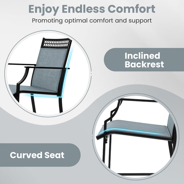 Metal frame resists deformation and offers strong support<br>High-quality fabric prevents ripping and tears<br>Breathable seat fabric is also quick to dry<br>Curved seat enhances comfort for long periods<br>Inclined backrest provides necessary support<br>