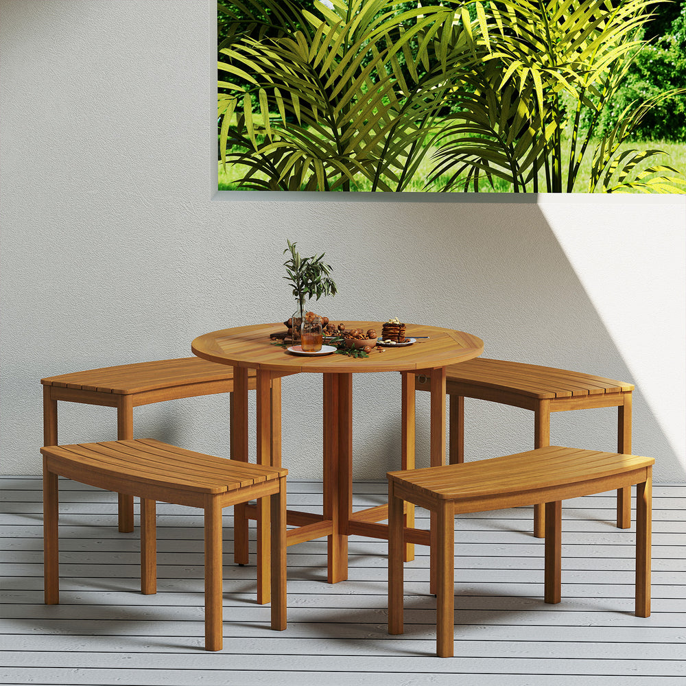 Ensure high hardness and bring natural beauty with solid acacia wood<br>The splinter-free surface provides you with a smooth touch<br>Please regularly oil (not included) the wood surface for optimal maintenance<br>Curved and backless design fits around a 
