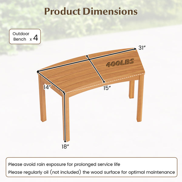 Ensure high hardness and bring natural beauty with solid acacia wood<br>The splinter-free surface provides you with a smooth touch<br>Please regularly oil (not included) the wood surface for optimal maintenance<br>Curved and backless design fits around a 