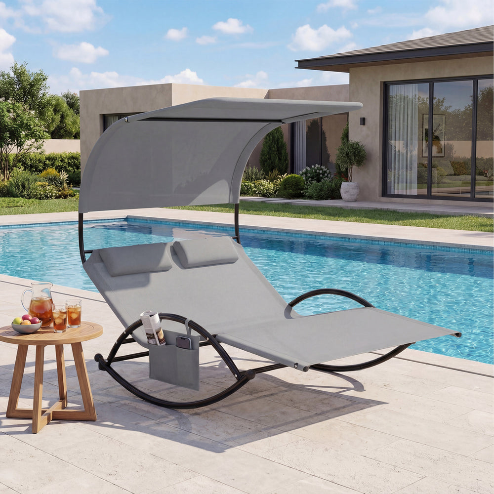 Installation Videoï¼šhttps://drive.google.com/file/d/1WRLPb49zYhdsKE7DrughgGrRqYRqHUG9/view?usp=sharing <br>Ergonomically curved for 2-person comfort<br>Gentle rocking mechanism with non-slip base offers calm relaxation<br>Large canopy shields from harsh 