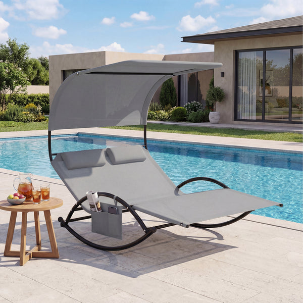 Installation Videoï¼šhttps://drive.google.com/file/d/1WRLPb49zYhdsKE7DrughgGrRqYRqHUG9/view?usp=sharing <br>Ergonomically curved for 2-person comfort<br>Gentle rocking mechanism with non-slip base offers calm relaxation<br>Large canopy shields from harsh 