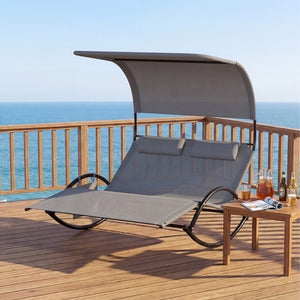 Installation Videoï¼šhttps://drive.google.com/file/d/1WRLPb49zYhdsKE7DrughgGrRqYRqHUG9/view?usp=sharing <br>Ergonomically curved for 2-person comfort<br>Gentle rocking mechanism with non-slip base offers calm relaxation<br>Large canopy shields from harsh 