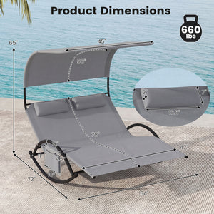 Installation Videoï¼šhttps://drive.google.com/file/d/1WRLPb49zYhdsKE7DrughgGrRqYRqHUG9/view?usp=sharing <br>Ergonomically curved for 2-person comfort<br>Gentle rocking mechanism with non-slip base offers calm relaxation<br>Large canopy shields from harsh 