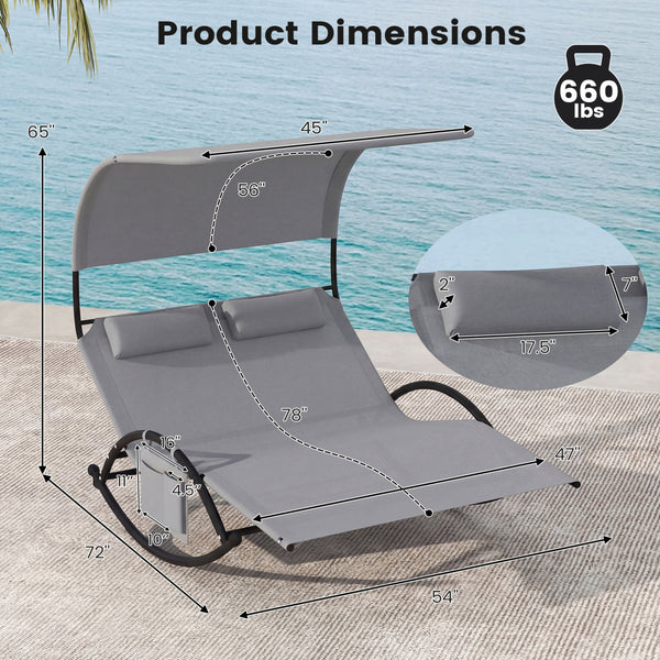Installation Videoï¼šhttps://drive.google.com/file/d/1WRLPb49zYhdsKE7DrughgGrRqYRqHUG9/view?usp=sharing <br>Ergonomically curved for 2-person comfort<br>Gentle rocking mechanism with non-slip base offers calm relaxation<br>Large canopy shields from harsh 