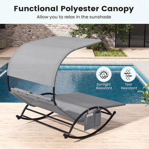 Installation Videoï¼šhttps://drive.google.com/file/d/1WRLPb49zYhdsKE7DrughgGrRqYRqHUG9/view?usp=sharing <br>Ergonomically curved for 2-person comfort<br>Gentle rocking mechanism with non-slip base offers calm relaxation<br>Large canopy shields from harsh 
