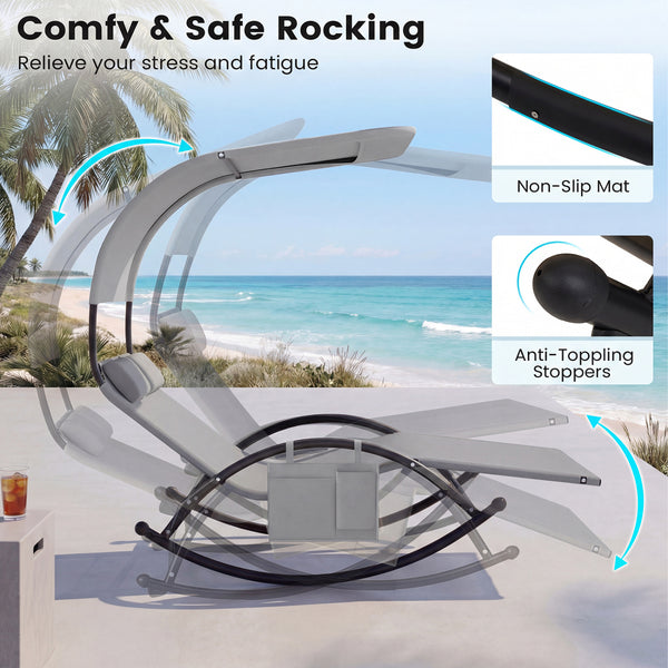Installation Videoï¼šhttps://drive.google.com/file/d/1WRLPb49zYhdsKE7DrughgGrRqYRqHUG9/view?usp=sharing <br>Ergonomically curved for 2-person comfort<br>Gentle rocking mechanism with non-slip base offers calm relaxation<br>Large canopy shields from harsh 