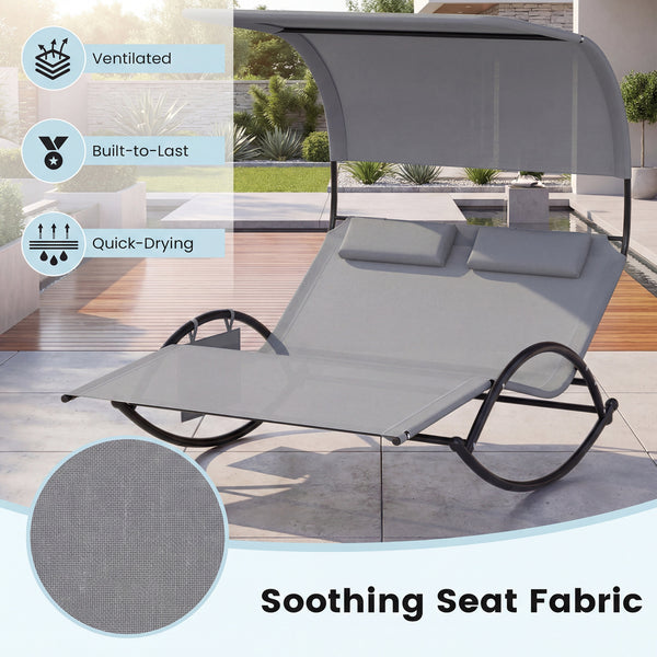 Installation Videoï¼šhttps://drive.google.com/file/d/1WRLPb49zYhdsKE7DrughgGrRqYRqHUG9/view?usp=sharing <br>Ergonomically curved for 2-person comfort<br>Gentle rocking mechanism with non-slip base offers calm relaxation<br>Large canopy shields from harsh 