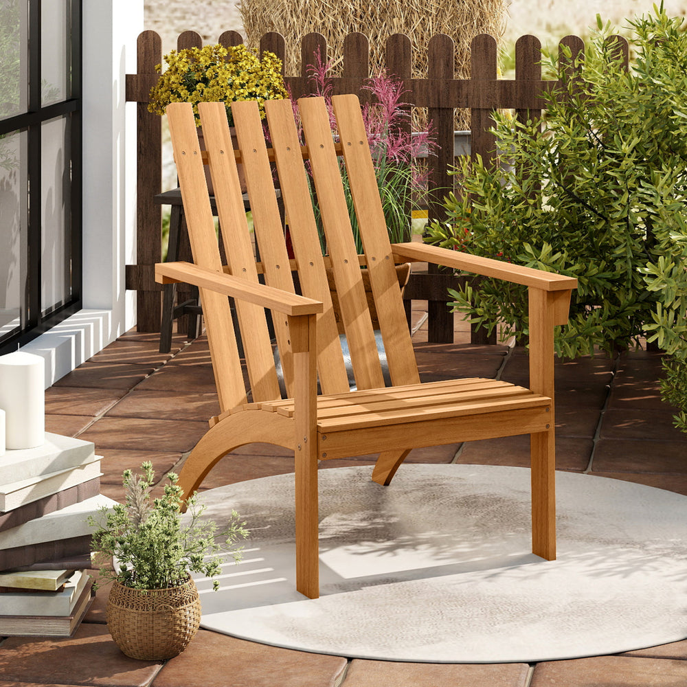 Make a great addition to your outdoors with this wood Adirondack chair! Â  The ergonomic backrest  widened armrests and curved seat make this patio chair comfortable enough for long time sitting. Furthermore  solid acacia wood comes with strong loading ca