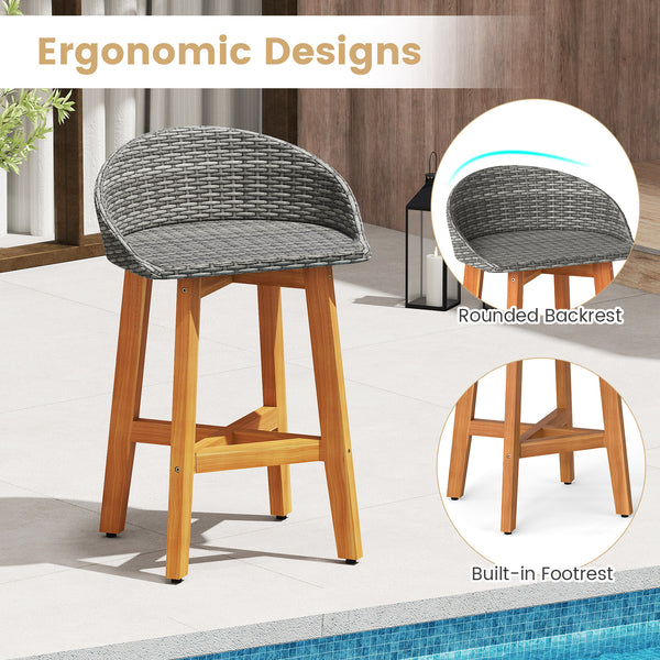 Solid acacia wood construction for lasting quality<br>Ergonomic design with supportive backrest and armrests<br>Cozy footrests for added comfort during relaxation<br>All-weather PE rattan seats resistant to sun damage<br>Faux rattan material ensures fade-