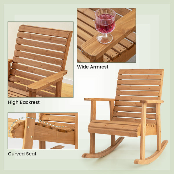 Safe and gentle rocking for total relaxation <br>Always keep balance with scientific rocking radian <br>Support you steadily thanks to its solid fir wood <br>Note: please do not let the chair get wet <br>Match human body perfectly with high backrest and c