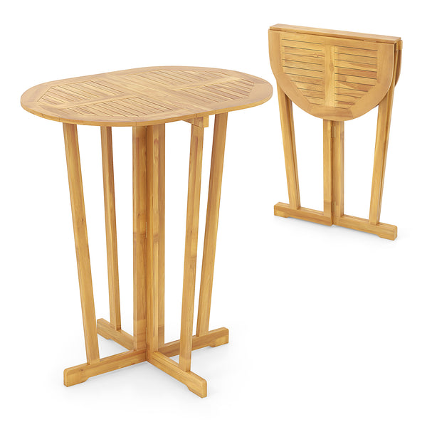 Solid teak wood bistro table boasts a 220 lbs load capacity<br>High-quality material is anti-crack  high-strength and long-lasting<br>Space-saving folding design fits smaller dining areas<br>Just lift up tabletop  fold the leg clockwise and fold tabletop 