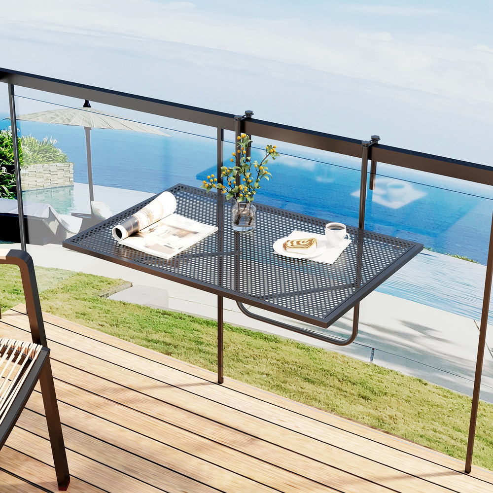 Adjustable hanging hook width allows for adaptable railing compatibility<br>Hang up to save floor space and fold down when not in use<br>Compact folding table has a spacious tabletop for multiple functions<br>Robust metal frame with triangle structure ens