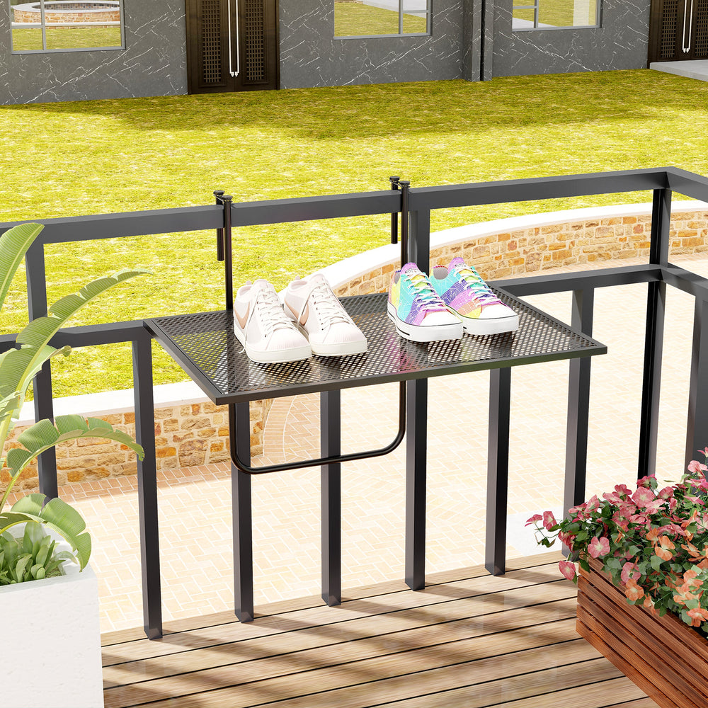 Adjustable hanging hook width allows for adaptable railing compatibility<br>Hang up to save floor space and fold down when not in use<br>Compact folding table has a spacious tabletop for multiple functions<br>Robust metal frame with triangle structure ens