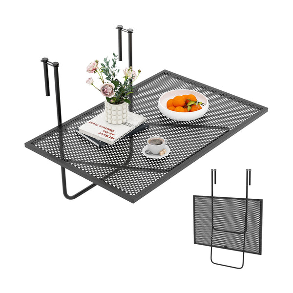 Adjustable hanging hook width allows for adaptable railing compatibility<br>Hang up to save floor space and fold down when not in use<br>Compact folding table has a spacious tabletop for multiple functions<br>Robust metal frame with triangle structure ens