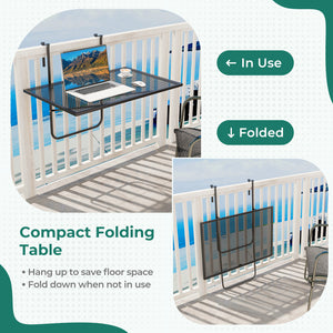 Adjustable hanging hook width allows for adaptable railing compatibility<br>Hang up to save floor space and fold down when not in use<br>Compact folding table has a spacious tabletop for multiple functions<br>Robust metal frame with triangle structure ens