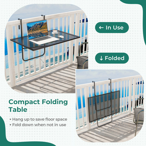 Adjustable hanging hook width allows for adaptable railing compatibility<br>Hang up to save floor space and fold down when not in use<br>Compact folding table has a spacious tabletop for multiple functions<br>Robust metal frame with triangle structure ens