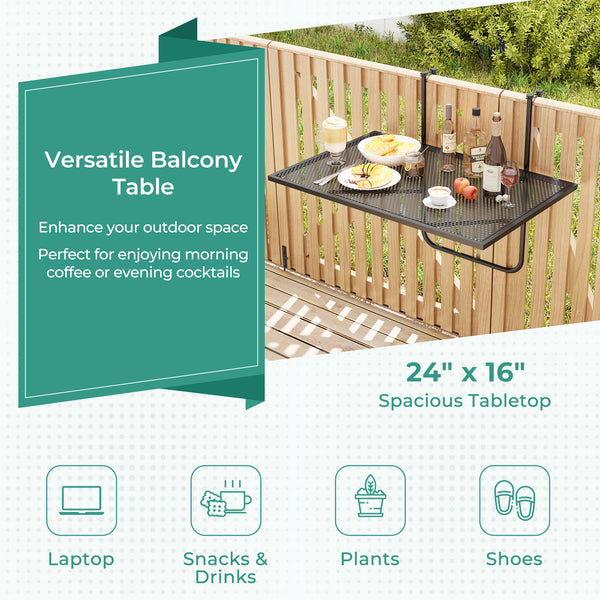 Adjustable hanging hook width allows for adaptable railing compatibility<br>Hang up to save floor space and fold down when not in use<br>Compact folding table has a spacious tabletop for multiple functions<br>Robust metal frame with triangle structure ens