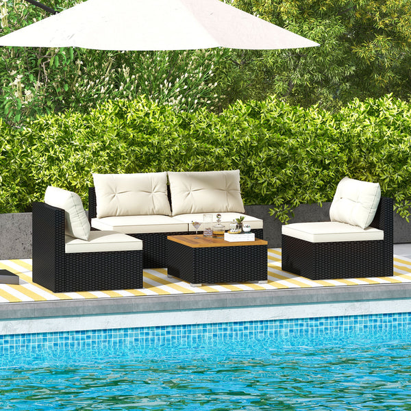Premium PE rattan for much elegance and long service life<br>Elastic cushions make all the 4 chairs cozier to sit<br>Zippers make seat cushion covers simple to remove and wash<br>Stable X-shaped metal frame offers strong support<br>L-shaped footpads and f