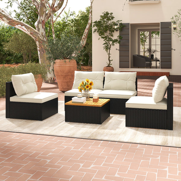 Premium PE rattan for much elegance and long service life<br>Elastic cushions make all the 4 chairs cozier to sit<br>Zippers make seat cushion covers simple to remove and wash<br>Stable X-shaped metal frame offers strong support<br>L-shaped footpads and f