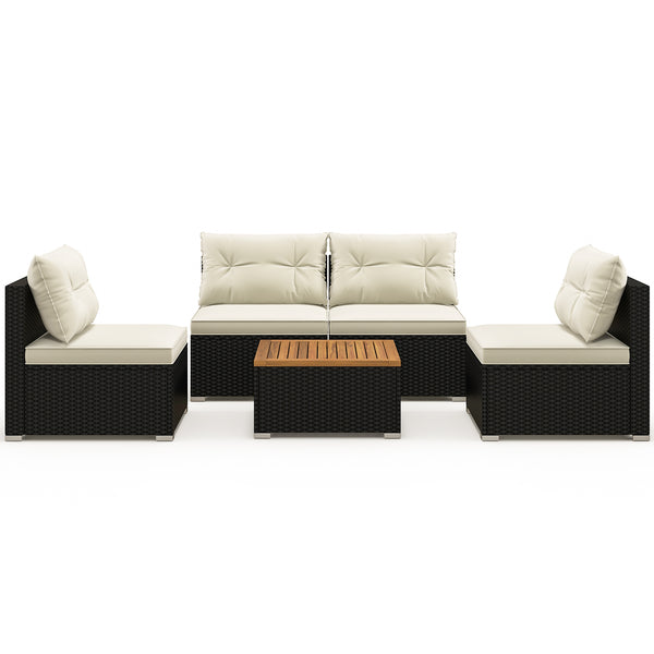 Premium PE rattan for much elegance and long service life<br>Elastic cushions make all the 4 chairs cozier to sit<br>Zippers make seat cushion covers simple to remove and wash<br>Stable X-shaped metal frame offers strong support<br>L-shaped footpads and f