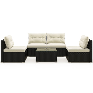 Rustproof steel frame for better outdoor adaptability<br>Durable black PE wicker for sun protection and fade resistance<br>Ensure strong stability thanks to its sturdy construction<br>Can be placed on different grounds with adjustable raised foot pads<br>