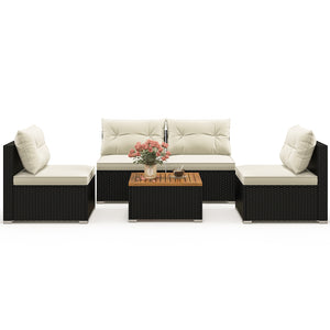 Premium PE rattan for much elegance and long service life<br>Elastic cushions make all the 4 chairs cozier to sit<br>Zippers make seat cushion covers simple to remove and wash<br>Stable X-shaped metal frame offers strong support<br>L-shaped footpads and f